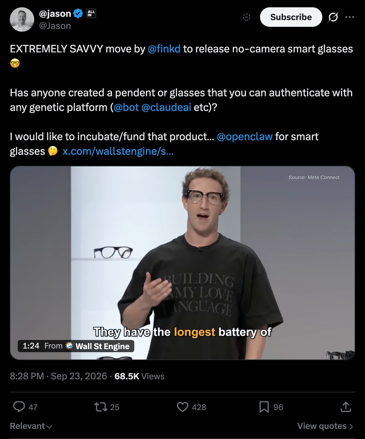 Screenshot of the original X post at the time of annotation. Post text excerpt: EXTREMELY SAVVY move by @finkd to release no-camera smart glasses 🤓 

Has anyone created a pendent or glasses that you can authenticate with any genetic platform (@bot @claudeai etc)? 

I would like to incubate/fund that product… @openclaw for smart glasses 🤔  https://x.com/wal
