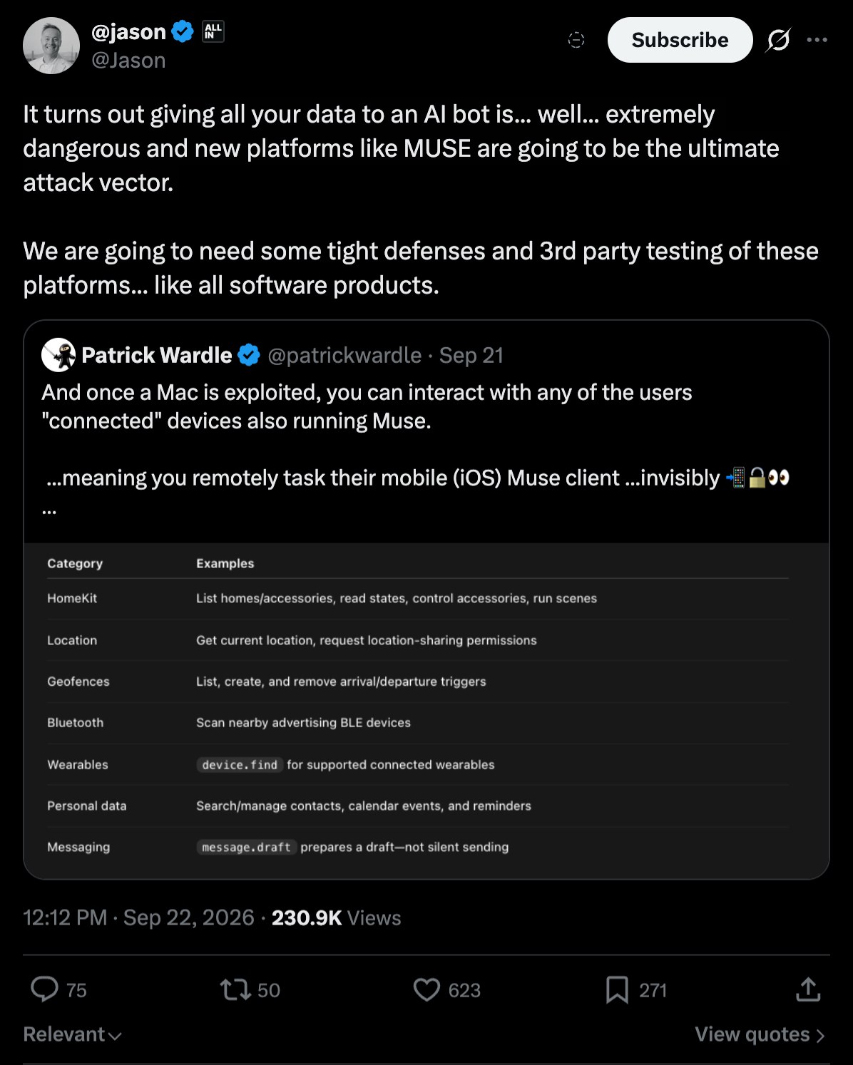 Screenshot of the original X post at the time of annotation. Post text excerpt: It turns out giving all your data to an AI bot is... well... extremely dangerous and new platforms like MUSE are going to be the ultimate attack vector. 

We are going to need some tight defenses and 3rd party testing of these platforms... like all software products.