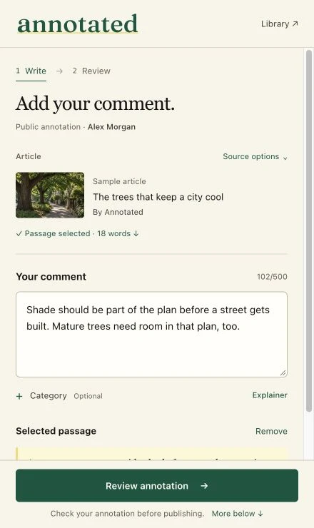Annotated Chrome extension with article source, a comment, selected passage and a separate review action.