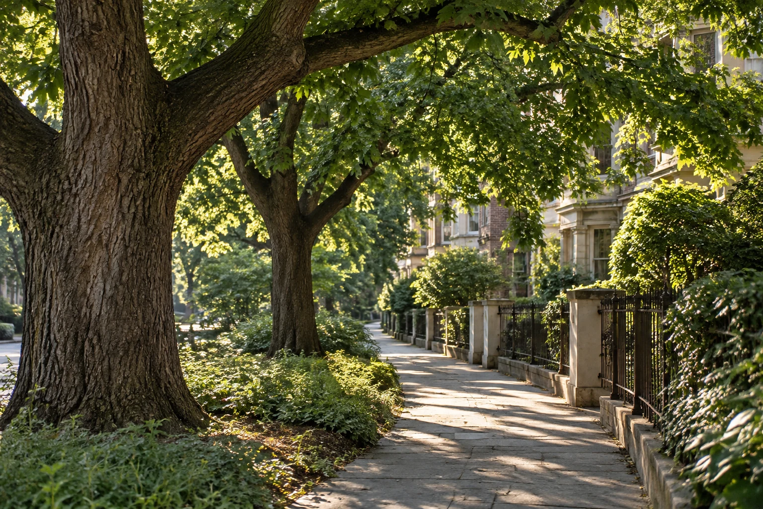 Mature trees shading a quiet neighborhood street