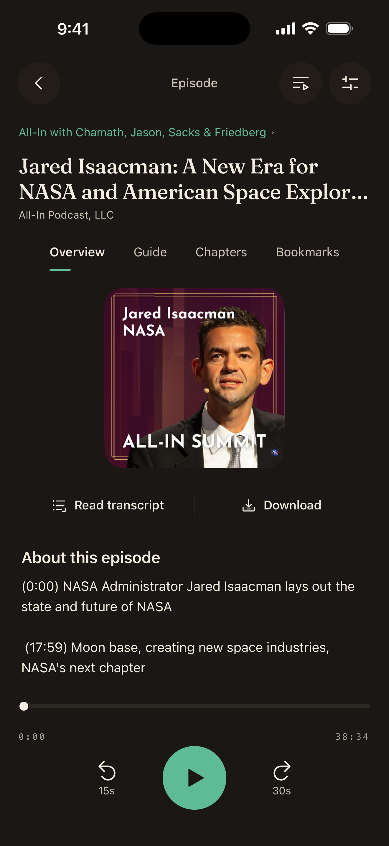 iPhone app: an episode with artwork, transcript access, download and playback controls.